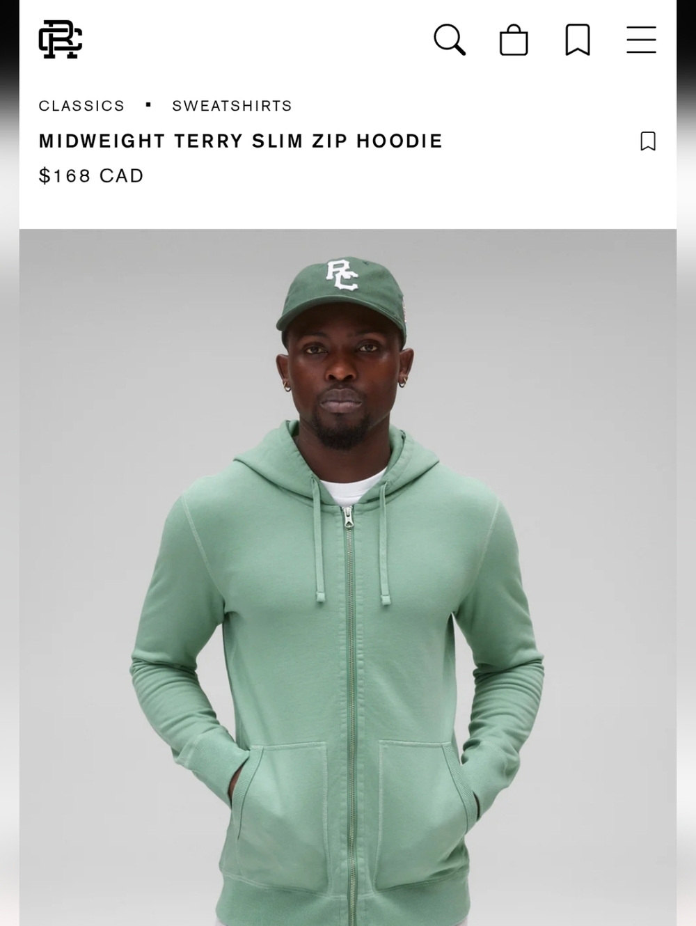 Reigning Champ Sable Green Zipper Hoodie Size XS Mens Or S Women's Like New